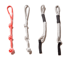 Four adjustable rope loops with knots and sewn ends for outdoor sports or gear attachments