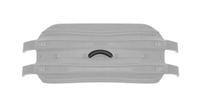 Top view of a gray snow sled with handle and side straps