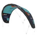 Slingshot Code V2 kiteboarding kite in aqua, navy, and orange with bridle lines