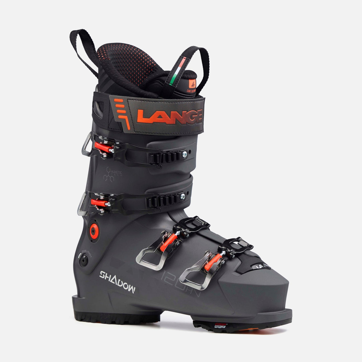 Lange Shadow ski boot with four buckle closure system and orange accent detailing