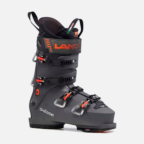 Lange Shadow ski boot with four buckle closure system and orange accent detailing