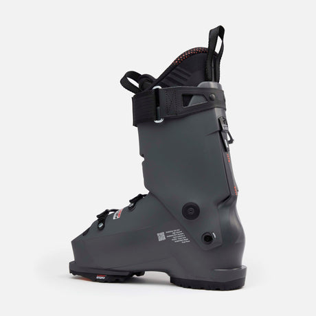 Lange Shadow ski boot shown from rear angle with buckle closure and pull strap