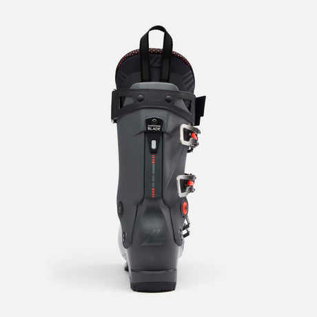 Lange alpine ski boot rear view showing suspension blade technology and buckle closure system