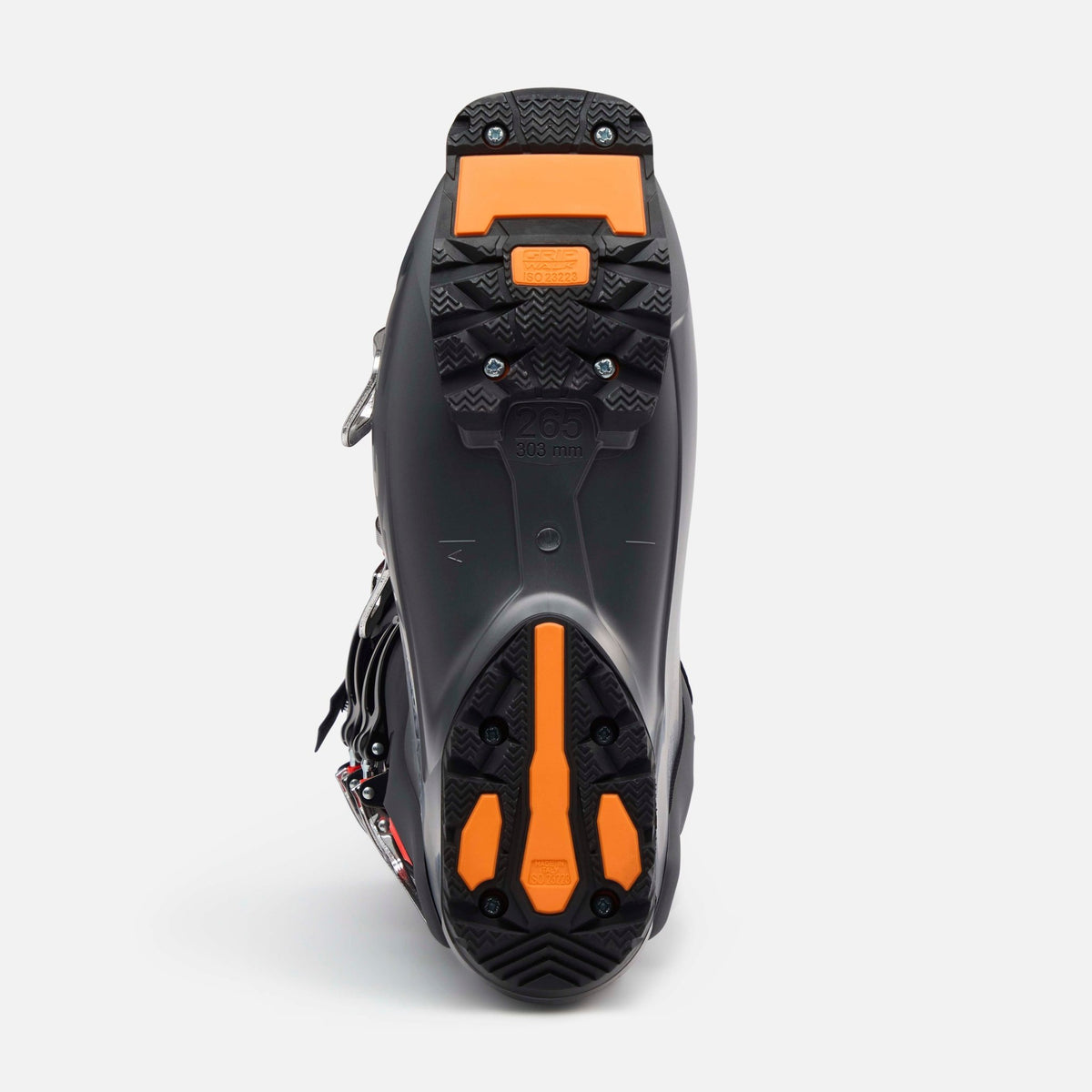 Lange alpine ski boot shown from sole view with textured rubber tread and orange grip pads