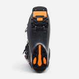 Lange alpine ski boot shown from sole view with textured rubber tread and orange grip pads