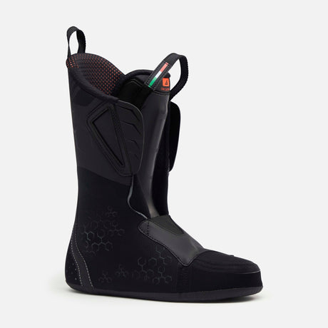 Lange alpine ski boot with buckle-free closure system, pull loop, and hexagonal texture pattern