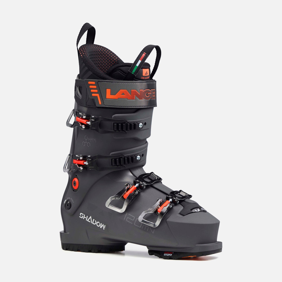 Lange Shadow 120 MV GW alpine ski boot with four buckles and pull loop, side view