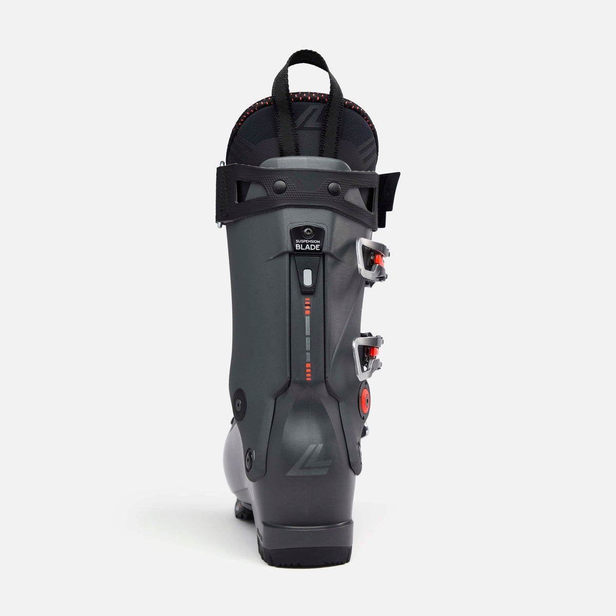 Lange alpine ski boot rear view showing Suspension Blade technology and buckle closures