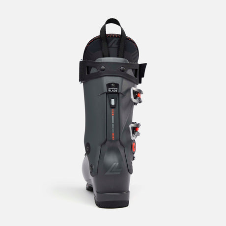 Lange alpine ski boot rear view showing Suspension Blade technology and buckle closures