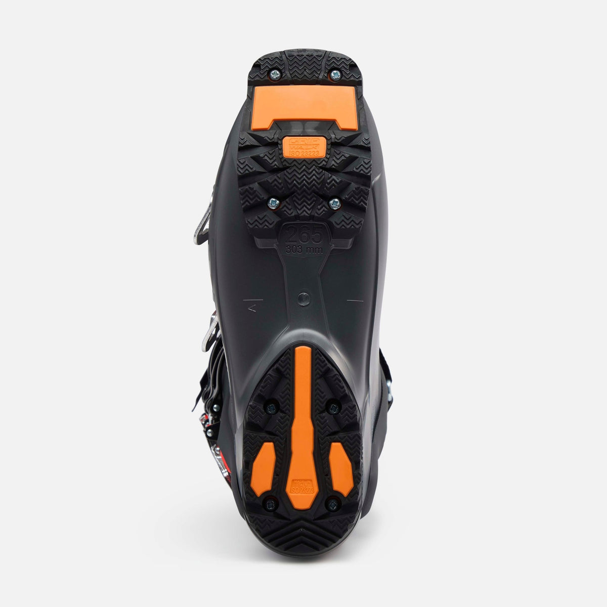 Lange alpine ski boot sole view showing treaded outsole with orange heel and toe pads