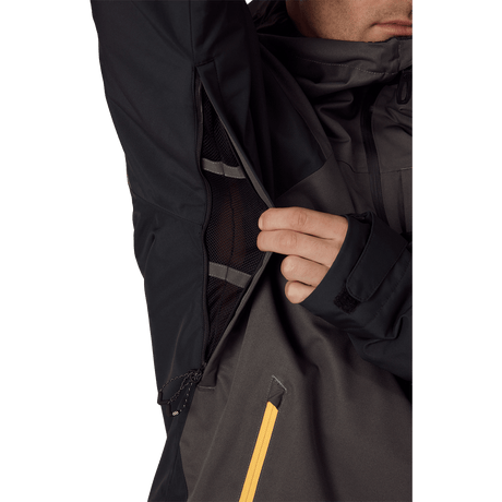 686 men's ski jacket detail showing underarm ventilation zip and interior mesh lining