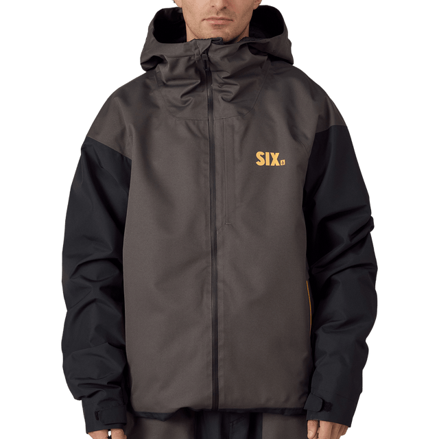 686 men's hooded snow jacket with two-tone colorblock design and front zip closure