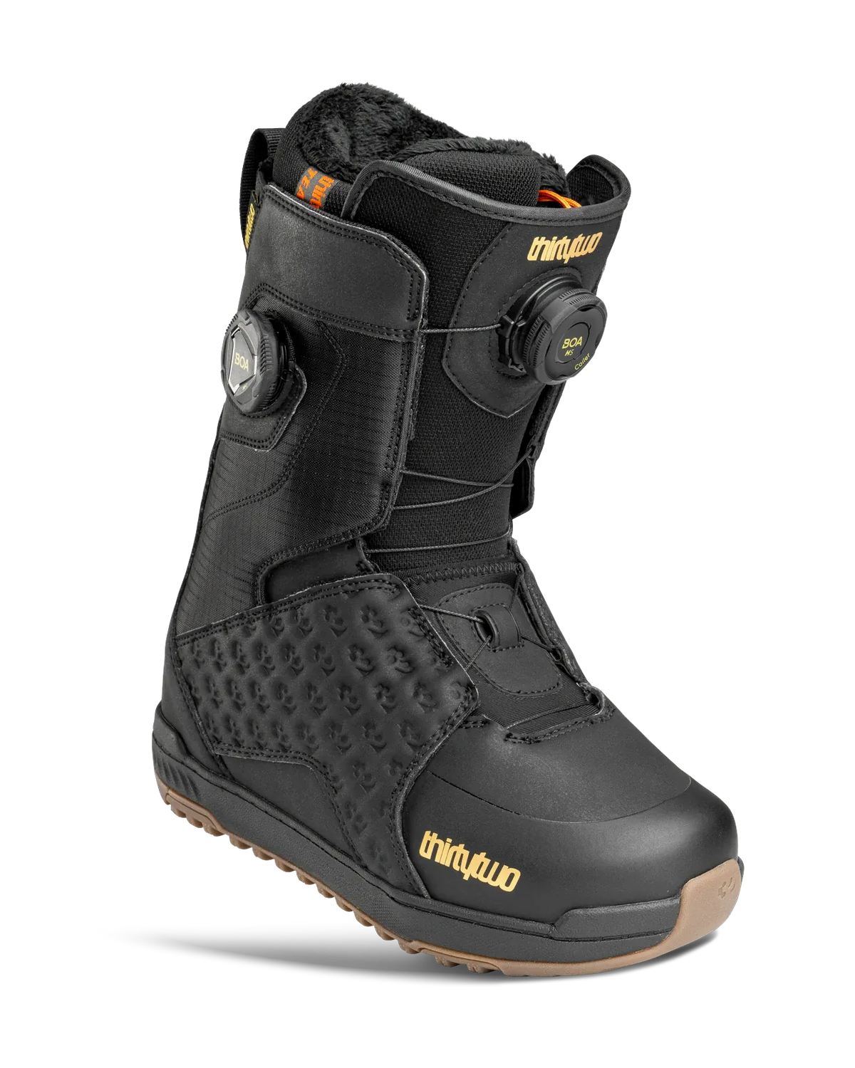 ThirtyTwo Lashed Double BOA women's snowboard boot in black with gold accents and gum sole
