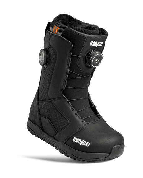 ThirtyTwo STW Double BOA women's black snowboard boot with dual BOA dials and faux fur lining
