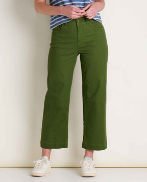 Women's olive green wide leg cropped pants with front patch pockets and button closure