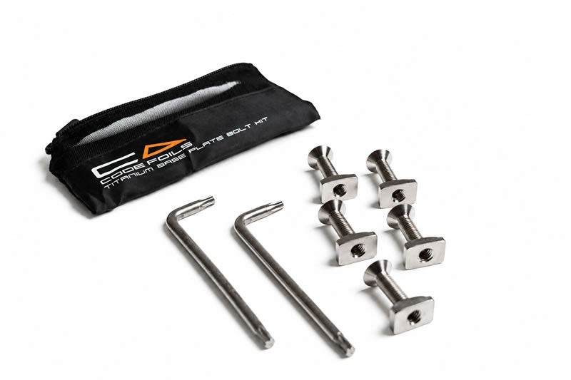 Code Foils titanium base plate bolt kit with T-nuts, bolts, two T30 wrenches, and black zip pouch