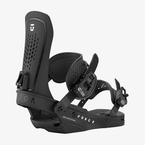 Union Force black snowboard binding with highback, ankle and toe straps, Stage 9 Duraflex base