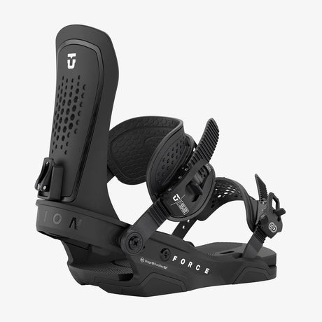 Union Force black snowboard binding with highback, ankle and toe straps, Stage 9 Duraflex base
