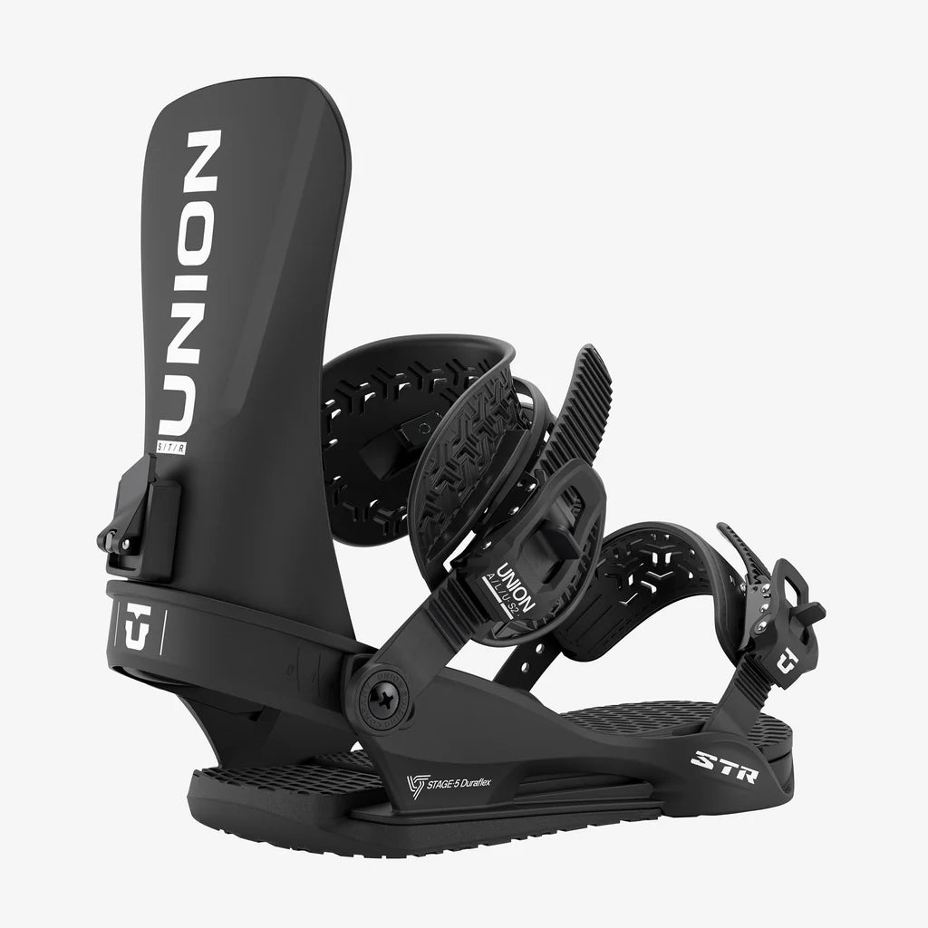 Union STR all-mountain snowboard binding in black with ratchet straps and highback