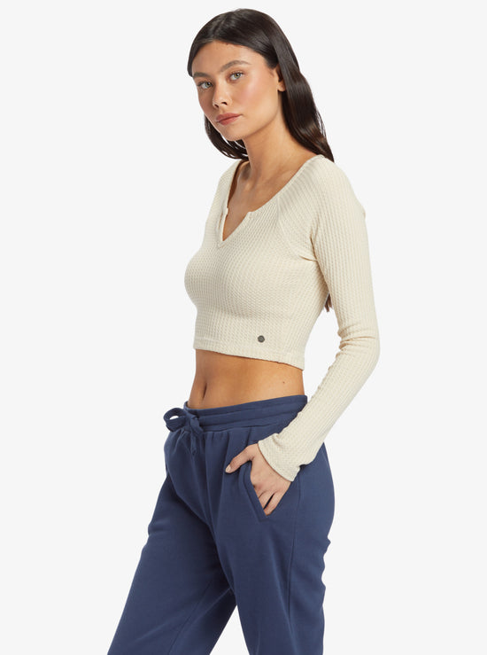 Roxy Cropped Long Sleeve Waffle Top Solid - Tapioca 