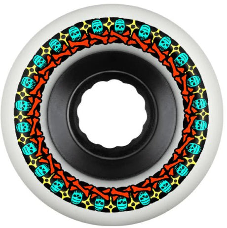 White 56mm skateboard wheel with skull and bone graphic ring pattern in teal red yellow