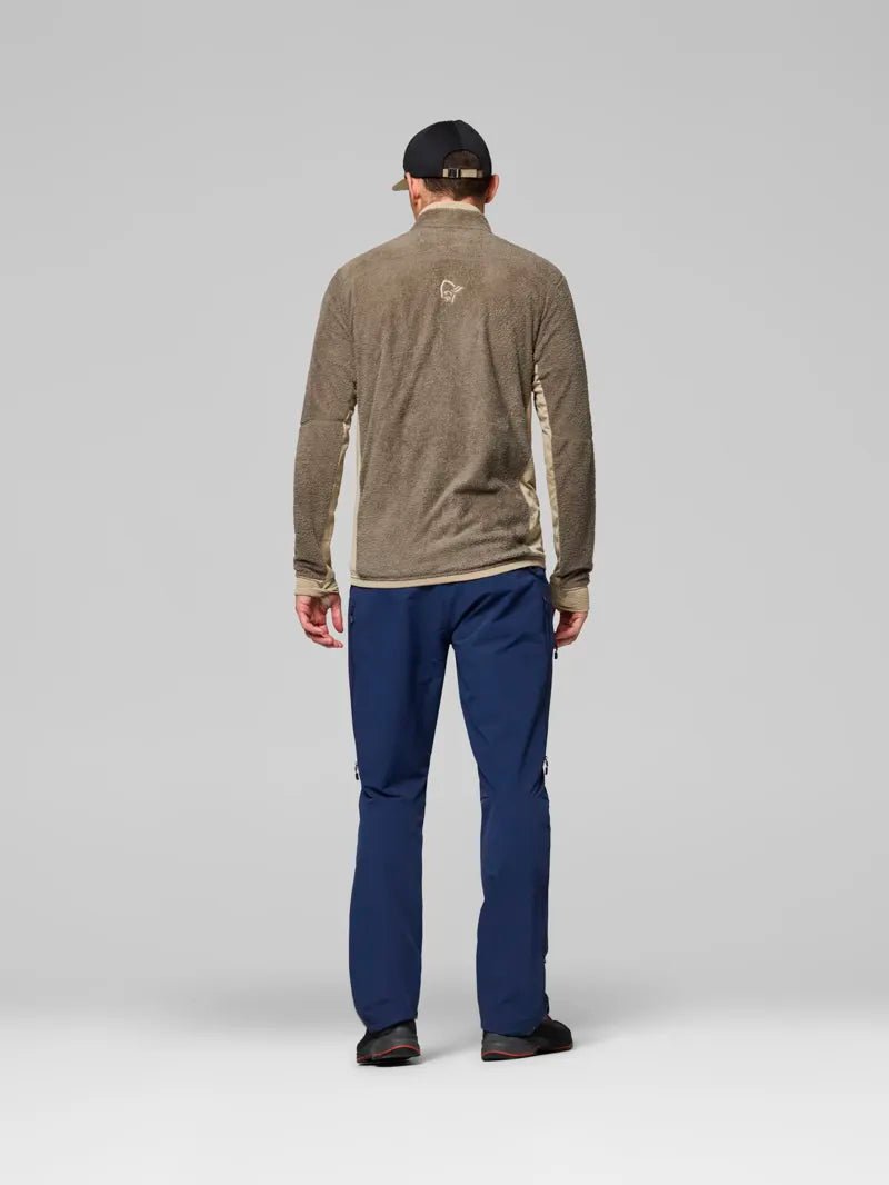 Men's quarter-zip high-pile fleece jacket with contrast side panels, shown from rear on model