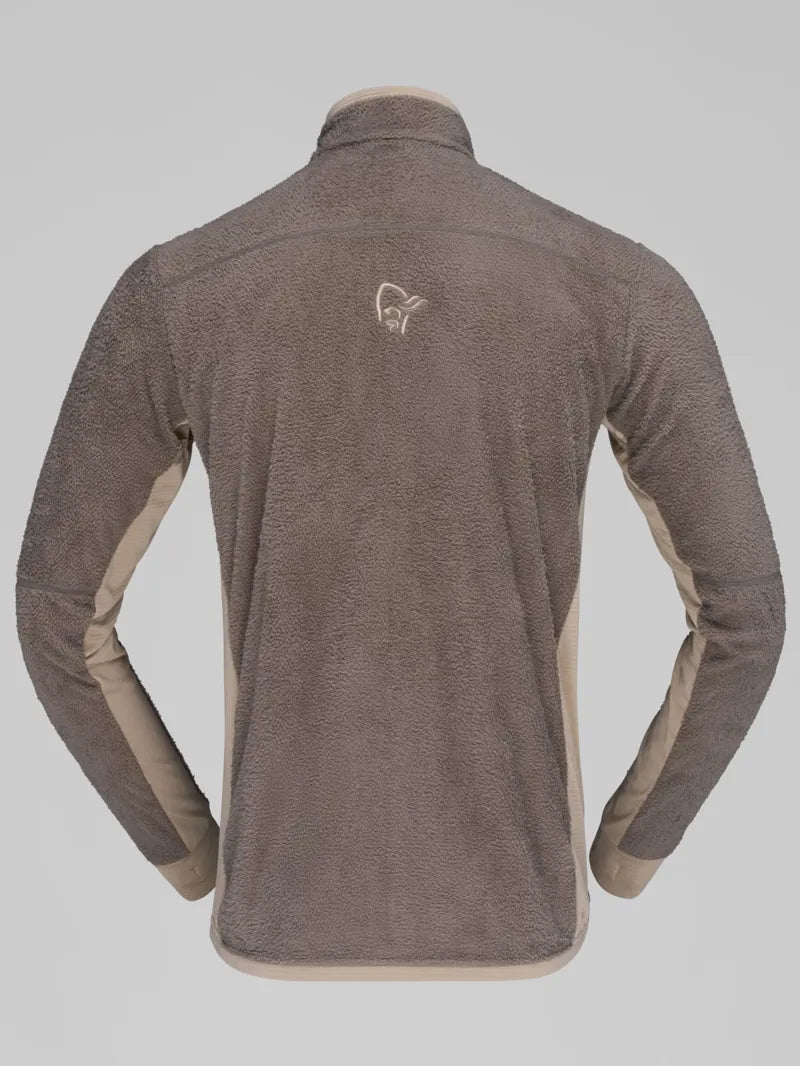 Norrona men's fleece jacket rear view showing two-tone paneling and logo embroidery