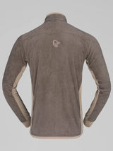 Norrona men's fleece jacket rear view showing two-tone paneling and logo embroidery