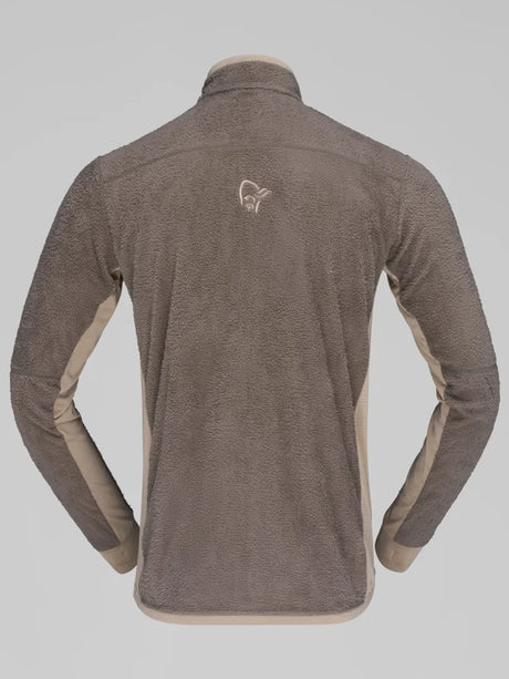 Norrona men's fleece jacket rear view showing two-tone paneling and logo embroidery