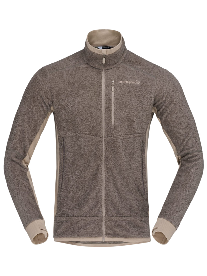 Norrona men's full-zip fleece jacket with contrast side panels and chest pocket