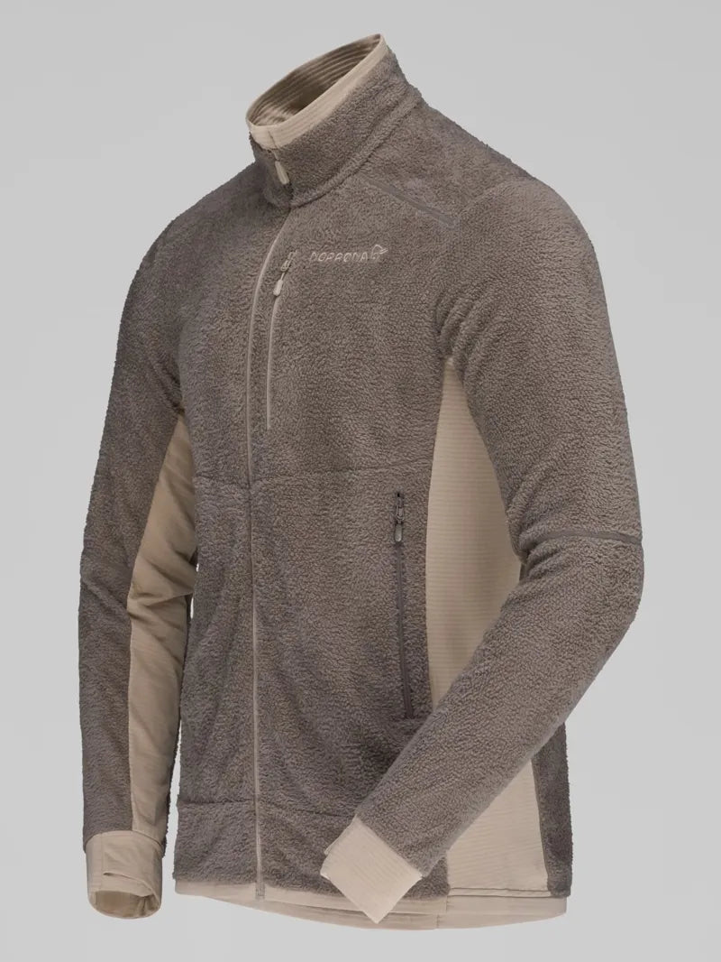 Norrona men's full-zip sherpa fleece jacket with contrast side panels and stand collar