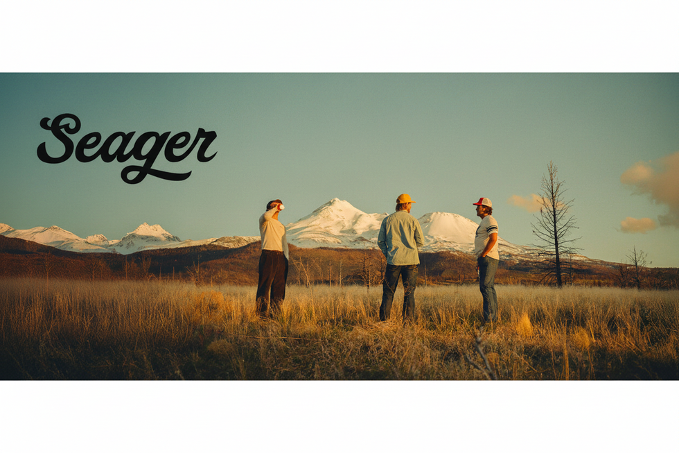 Banner with logo in sky above mountains