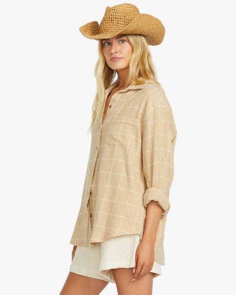 Billabong Layer Up Long Sleeve Woven Top - Khaki