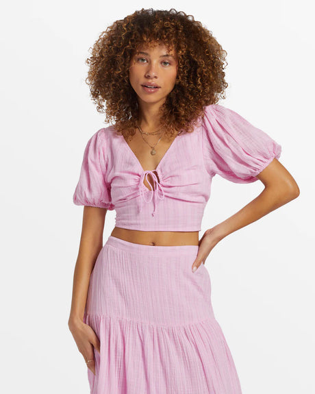 Billabong Tropic Heart Puff Sleeve Crop Top - Pink Dream