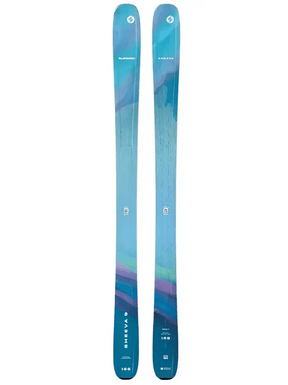 Blizzard Sheeva 9 skis in teal blue gradient with purple accent, 168cm length