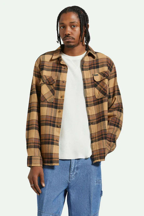 Brixton Bowery L/S Flannel - Tiger eye / pinecone brown / washed black
