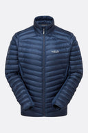 Rab men's navy blue quilted down insulated jacket with front zip and stand collar