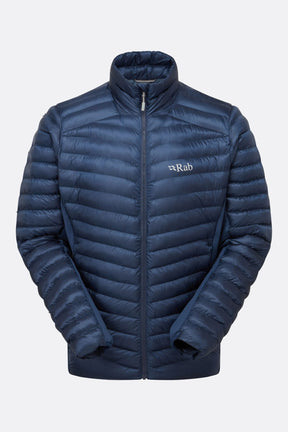 Rab men's navy blue quilted down insulated jacket with front zip and stand collar