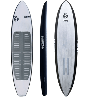Sunova Casey Coaster Light foil board shown top, side, and bottom in black and white