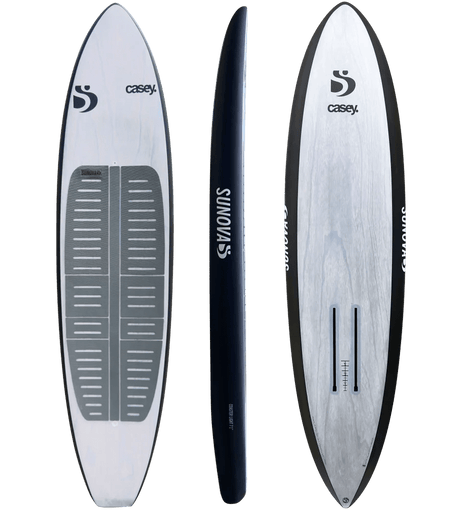 Sunova Casey Coaster Light foil board shown top, side, and bottom in black and white