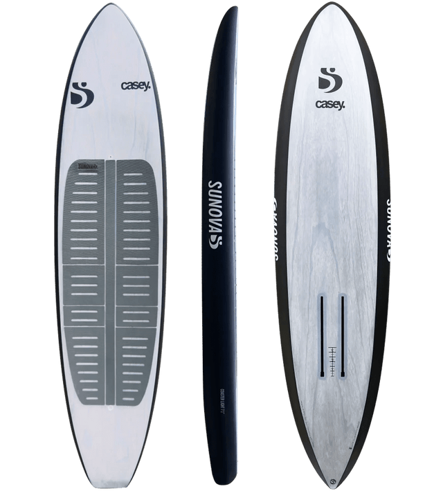 Sunova Casey Coaster Light foil board shown top, side, and bottom in black and white