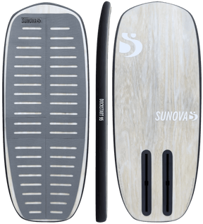 Sunova Dockstart 95 pump foil board shown top, side, and bottom views in black and cream