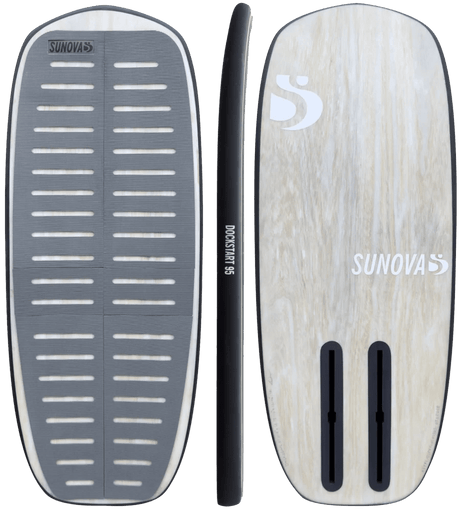 Sunova Dockstart 95 pump foil board shown top, side, and bottom views in black and cream