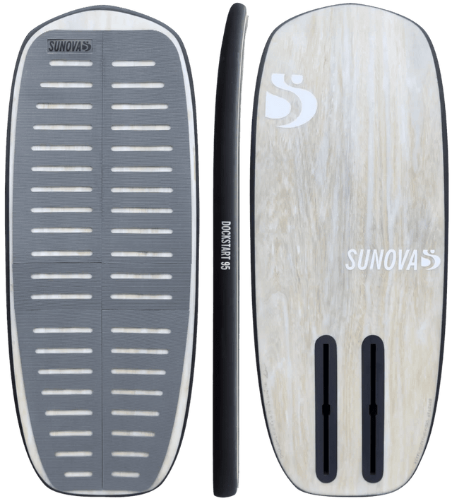 Sunova Dockstart 95 pump foil board shown top, side, and bottom views in black and cream