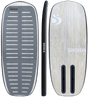 Sunova Dockstart 95 pump foil board shown top, side, and bottom views in black and cream