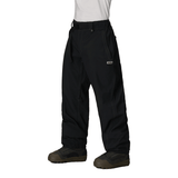 Men's baggy snow pants with belt, contrast stitching, and snowboard boot-compatible hem.