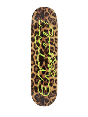Fugitive skateboard deck with leopard print and neon green logo graphic