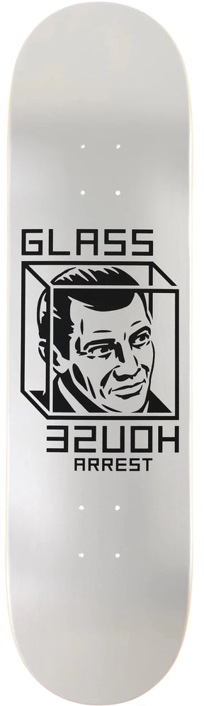 White skateboard deck with black Glass House House Arrest graphic and face illustration