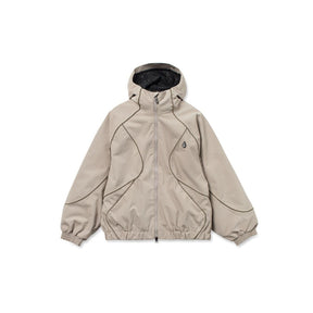 Volcom women's hooded zip-up jacket with elastic cuffs, curved seam detailing, and small logo patch