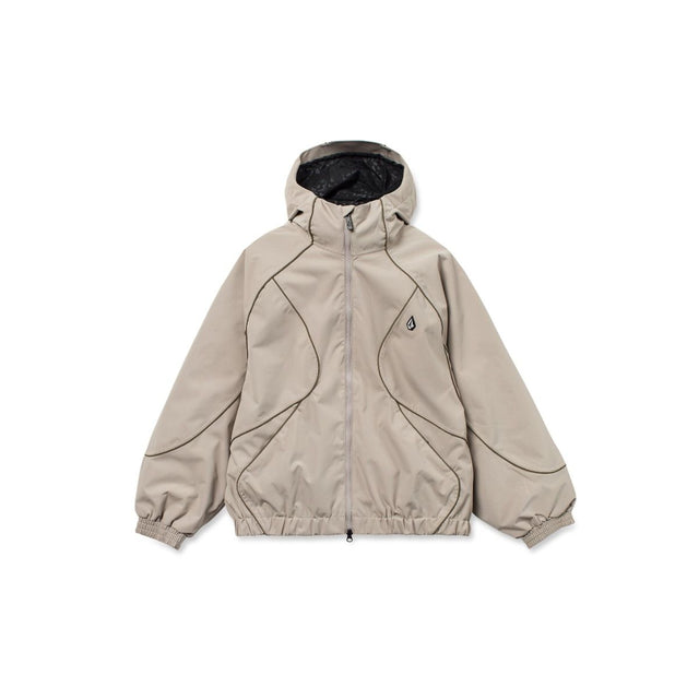 Volcom women's hooded zip-up jacket with elastic cuffs, curved seam detailing, and small logo patch